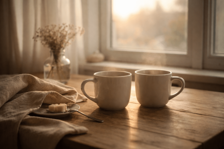 Leise Nähe im Alltag – zwei Kaffeetassen im warmen Licht