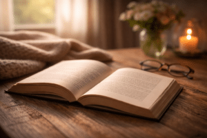 Offenes Buch in ruhigem Licht – Gedanken zwischen den Zeilen